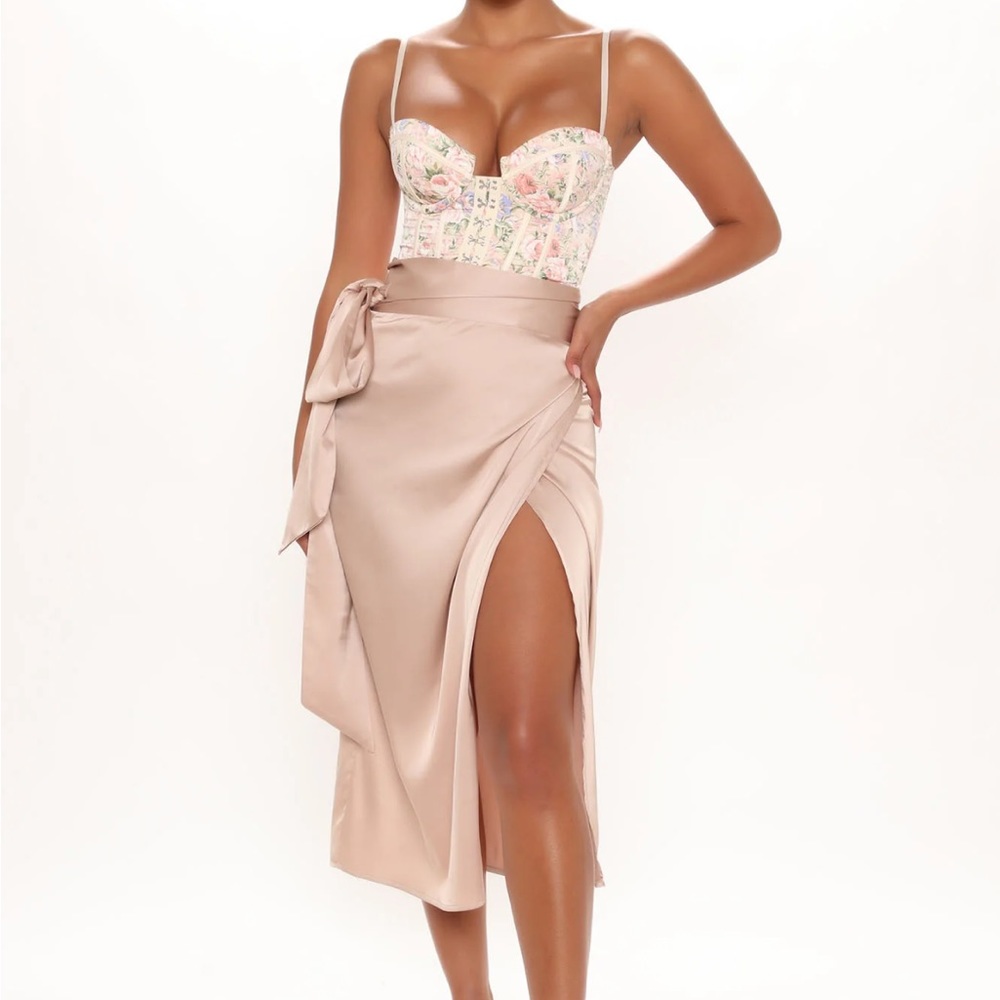 True Romance Wrap Satin MIDI Skirt - Nude